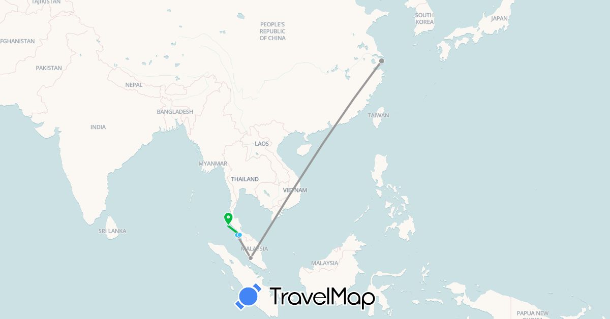 TravelMap itinerary: bus, plane, boat in China, Malaysia, Thailand (Asia)